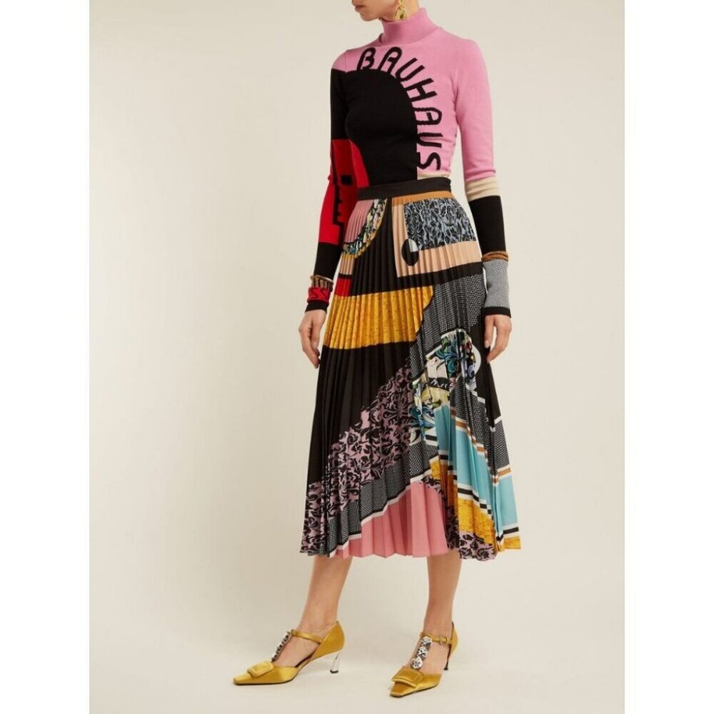 Mary Katrantzou Bauhaus-print Pleated Crepe Skirt Multi Size US 10